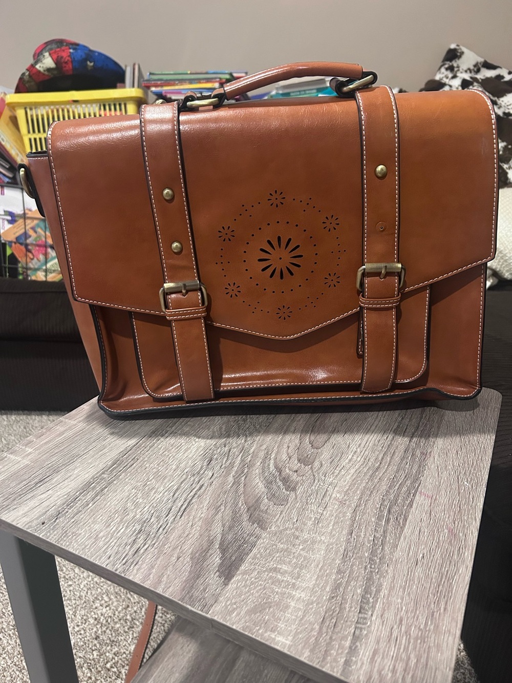 Women's Tan Laptop Satchel Bag with Floral Laser-Cut Detail